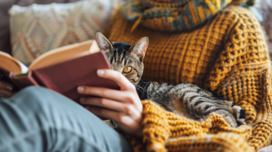 A kitten laying comfortably in a persons lap while they read a book